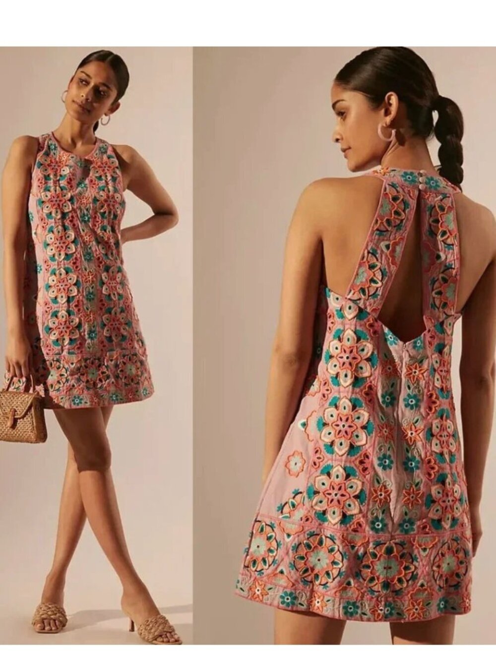 Anthropologie Women's Pink Embroidered Appliqued Beaded Shift Mini Dress Sz 0/XS